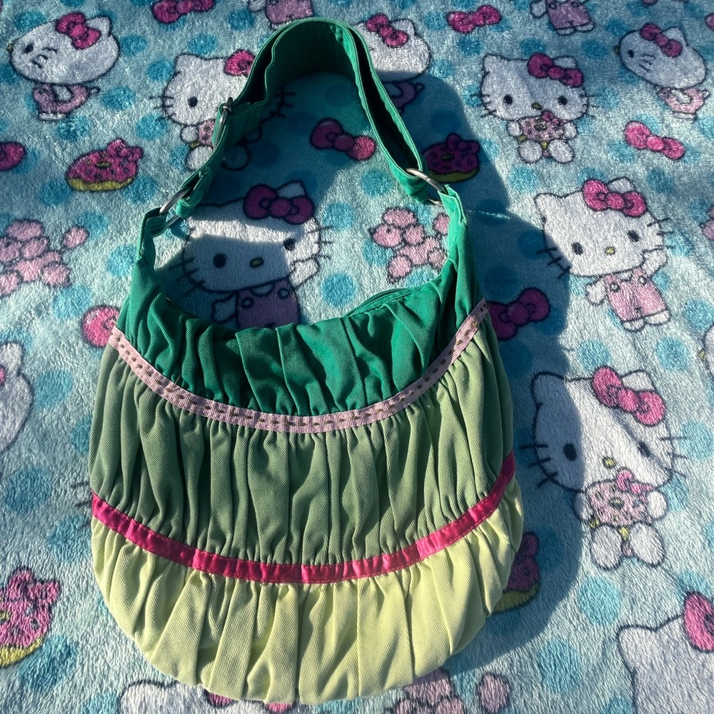 Green and Yellow Shoulder Bag with Pink Accents
